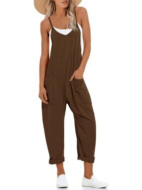 Women's Brown Summer V Neck Sleeveless Adjustable Straps With 2 Pockets Rompers